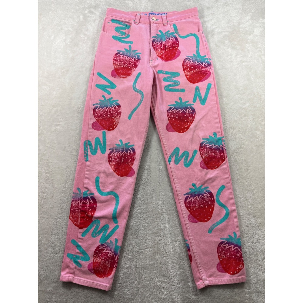 Mokuyobi Womens Strawberry Print High Rise Pink Jeans 27 Meas: 27x28.5